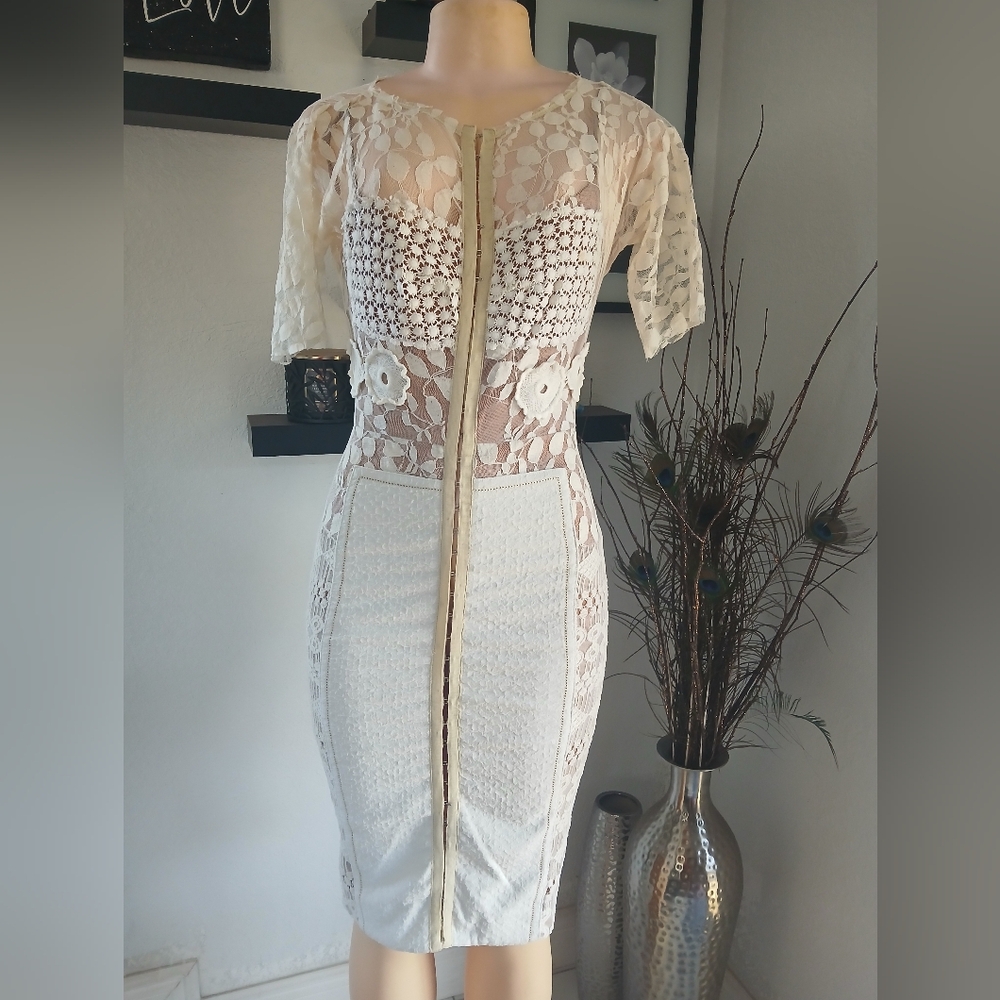 Byron Lars Cream Lace Sleeve Dress